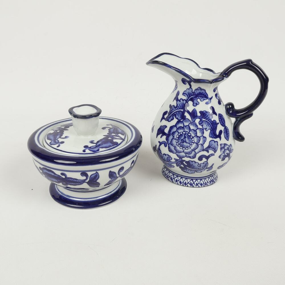 The Bombay Company Floral Ceramic Blue White Sugar Bowl Creamer Pitcher